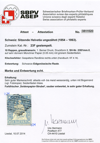 Bild-3: 23F - 1856, Impression de Berne, 1ère période d'impression, papier de Munich
