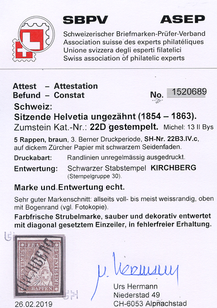 Bild-3: 22D - 1857, Bern print, 3rd printing period, Zurich paper