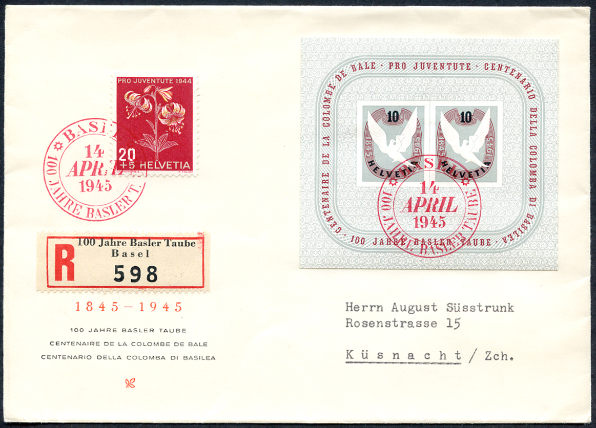 Bild-1: W23 - 1945, Jubiläumsblock 100 Jahre Basler Taube