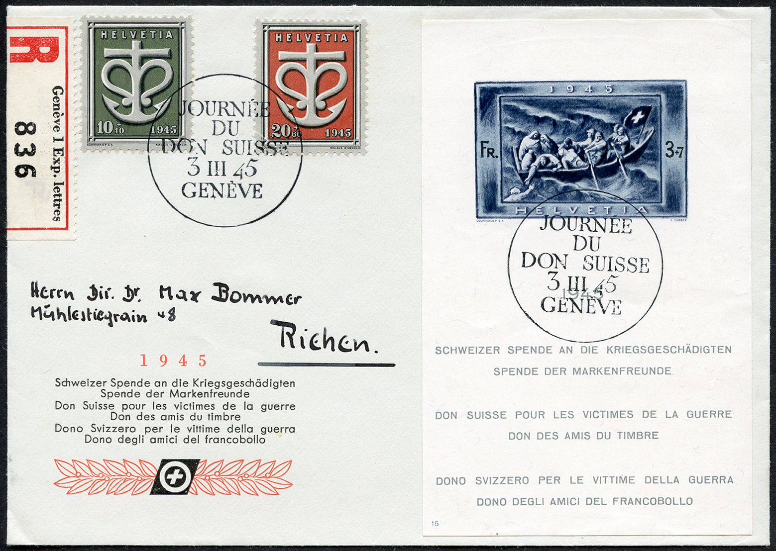 Bild-1: W21,W19-W20 - 1945, Spendeblock und Sondermarken Schweizer Kriegs-Spende