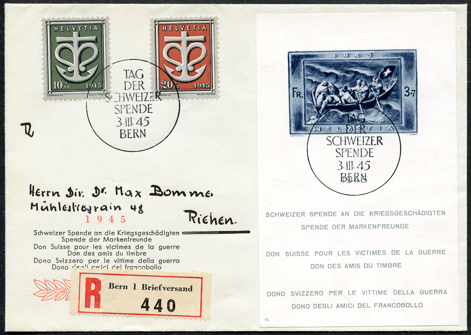 Bild-1: W21,W19-W20 - 1945, Spendeblock und Sondermarken Schweizer Kriegs-Spende