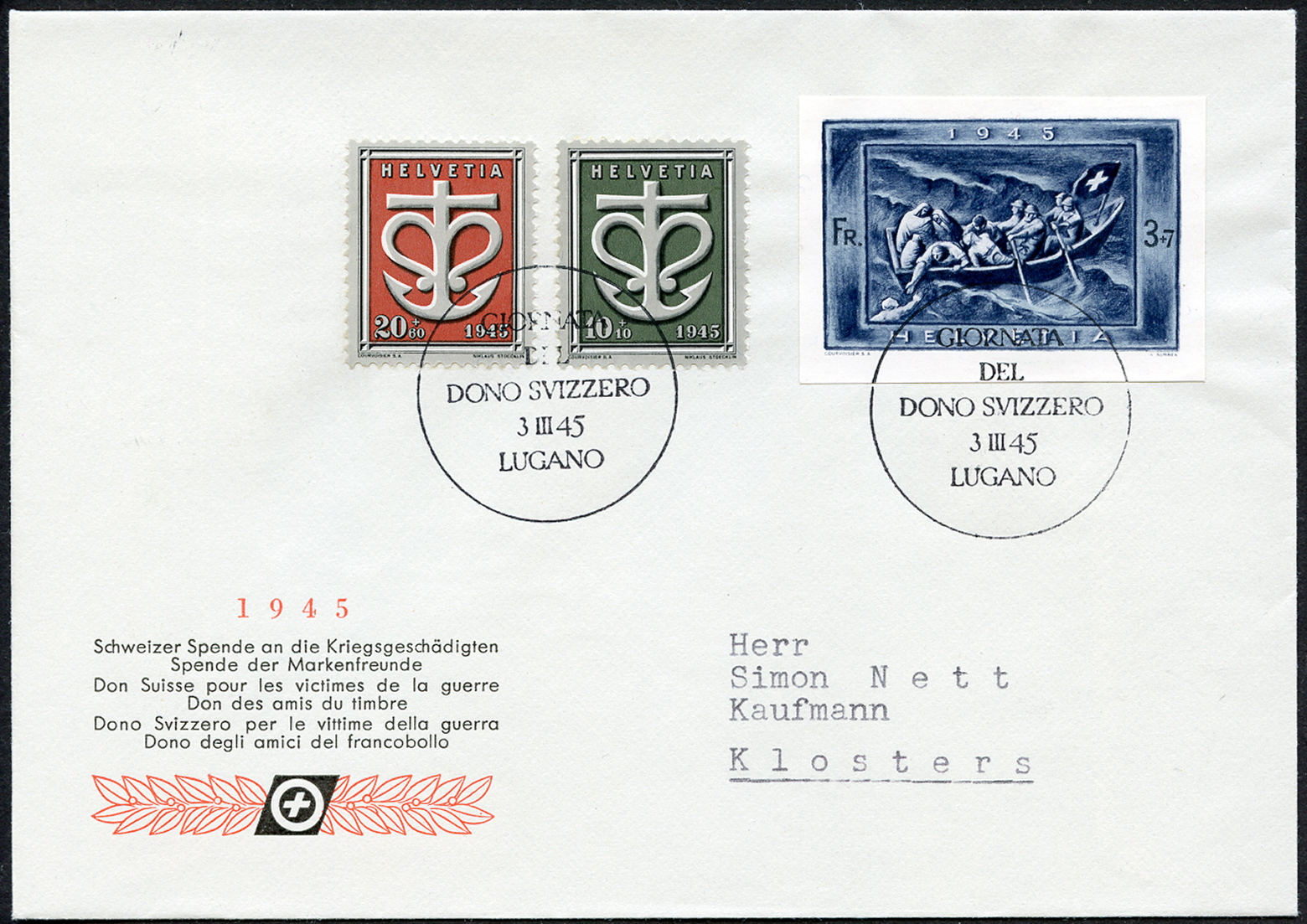 Bild-1: W21A, W19-W20 - 1945, Einzelwert Spendeblock und Sondermarken Schweizer Kriegs-Spende