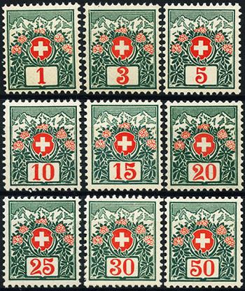 Stamps: NP29-NP37 - 1910 Swiss coat of arms and alpine roses