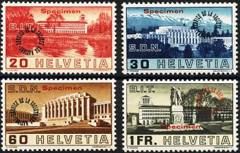 Briefmarken: SDN61-SDN64 - 1938 Bilder der Völkerbunds- und Arbeitsamtgebäude, kreisförmiger Aufdruck, SPECIMEN