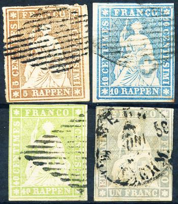 Francobolli: 22C, 23Cd, 26C, 27C - 1855 Stampa di Berna, 2° periodo di stampa, carta di Monaco