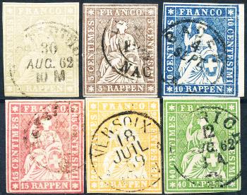 Stamps: 21G-26G - 1857-1862 Bern print, 4th printing period, Zurich paper