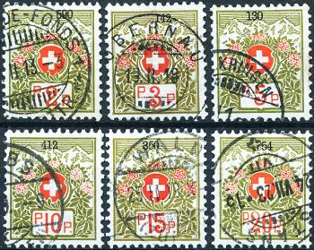 Timbres: PF2A-PF7A - 1911-1926 Armoiries suisses et roses alpines, papier bleu-vert