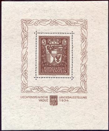 Stamps: FL104 - 1934 Souvenir sheet for the Liechtenstein National Exhibition, Vaduz