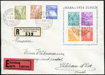 Briefmarken: W1, 194,199-200 - 1934 Gedenkblock zur Nationalen Briefmarkenausstellung in Zürich