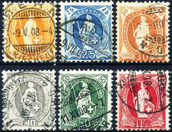 Briefmarken: 94A-99A - 1906-1907 Stehende Helvetia, Faserpapier, 14 Zähne, WZ