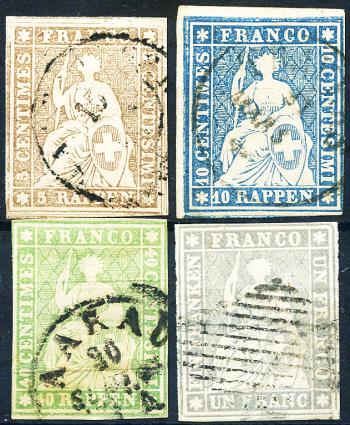 Briefmarken: 22C, 23Cd, 26C, 27C - 1855 Berner Druck, 2. Druckperiode, Münchner Papier