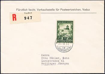 Timbres: FL253 - 1952 Château de Vaduz, valeur supplémentaire