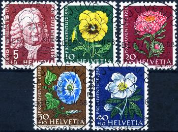 Briefmarken: J173-J177 - 1958 Pro Juventute, Bildnis Albrecht von Haller und Blumenbilder