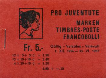 Timbres: JMH5 - 1956 Pro Juventute, rouge foncé

