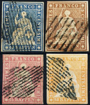 Francobolli: 22B-25B - 1854-1855 Stampa di Berna, 1° periodo di stampa, carta di Monaco