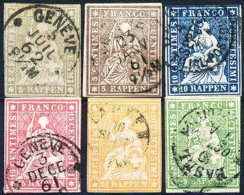 Francobolli: 21G-26G - 1857-1862 Stampa di Berna, 4° periodo di stampa, carta di Zurigo
