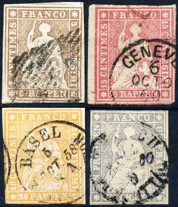 Francobolli: 22D, 24D, 25D, 27D - 1856-1857 Stampa Berna, 2.+3. Periodo di stampa, carta di Monaco