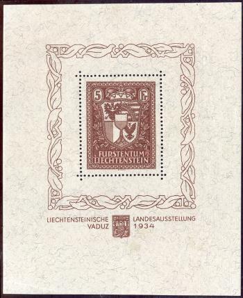 Timbres: FL104 - 1934 Bloc feuillet pour l'exposition nationale du Liechtenstein, Vaduz