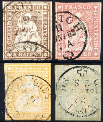 Timbres: 22D, 24D, 25D, 27D - 1856-1857 Estampe de Berne, 2.+3. Période d'impression, papier de Munich
