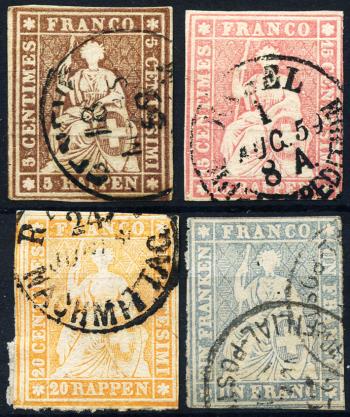 Briefmarken: 22D, 24D, 25D, 27D - 1856-1857 Berner Druck, 2.+3. Druckperiode, Münchner Papier