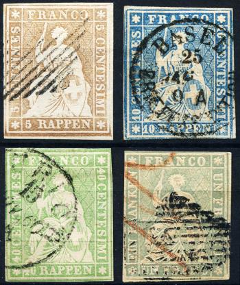Briefmarken: 22C, 23Cd, 26C, 27C - 1855 Berner Druck, 2. Druckperiode, Münchner Papier