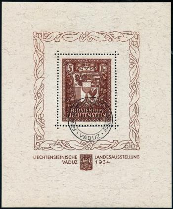 Stamps: FL104 - 1934 Souvenir sheet for the Liechtenstein National Exhibition, Vaduz