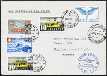 Timbres: SF39.1b - 29. April 1939 Vol européen Swissair vers le sud