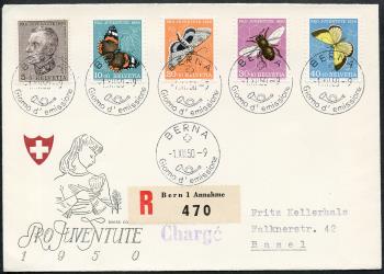 Briefmarken: J133-J137 - 1950 Bildnis T. Sprechers von Bernegg und Insektenbilder