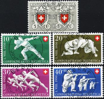 Stamps: B46-B50 - 1950 100 years of Swiss Post and sports depictions, ET. French