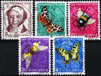 Stamps: J153-J157 - 1954 Pro Juventute, portrait of J. Gotthelf and insect pictures
