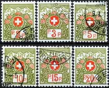 Stamps: PF2B-PF7B - 1911-1926 Swiss coat of arms and Alpine roses, blue-green paper