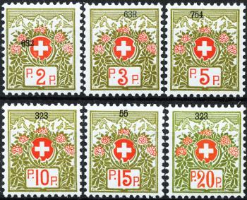 Stamps: PF2A-PF7A - 1911-1926 Swiss coat of arms and Alpine roses, blue-green paper