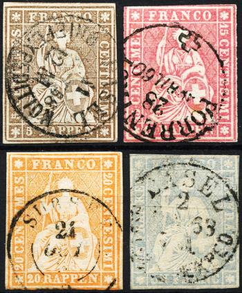 Timbres: 22D, 24D, 25D, 27D - 1856-1857 Tirage de Berne, 2e + 3e Période d'impression, papier de Munich