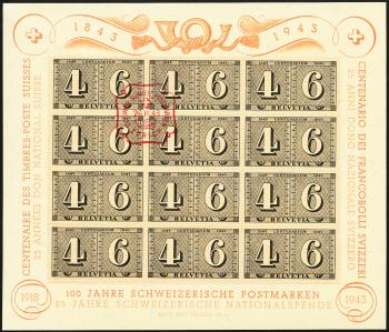 Timbres: W16 - 1943 Feuille de luxe 100 ans de timbres postaux suisses