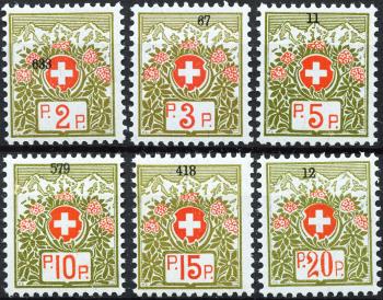 Timbres: PF2A-PF7A - 1911-1926 Armoiries suisses et roses des Alpes, papier bleu-vert