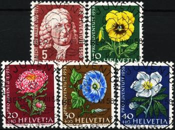 Thumb-1: J173-J177 - 1958, Pro Juventute, Bildnis Albrecht von Haller und Blumenbilder