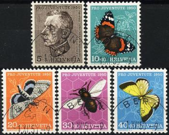 Thumb-1: J133-J137 - 1950, Pro Juventute, ritratto di T. Sprecher von Bernegg e immagini di insetti