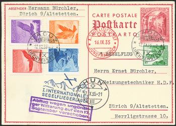 Timbres: SF35.5 f. - 17. September 1935 1. Poste aérienne à voile Jungfraujoch
