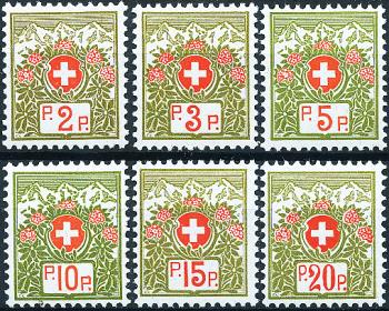 Stamps: PF2B-PF7B - 1911-1926 Swiss coat of arms and alpine roses, blue-green paper
