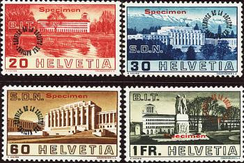 Briefmarken: SDN61-SDN64 - 1938 Bilder der Völkerbunds- und Arbeitsamtgebäude, kreisförmiger Aufdruck, SPECIMEN